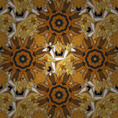 Çiçek deseni. Şatafatlı bahar bahçesi dokusu. Sarı, turuncu ve mavi renkte çiçekler. Vektör çizimi. Çiçekler sarı, turuncu ve mavi renklerde.