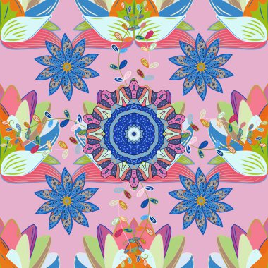 Kusursuz çiçek deseni. Asya tekstil tarzında. Vektör çizimi. Mavi, pembe ve nötr renklerde çiçekler. Vektör illüstrasyonu.