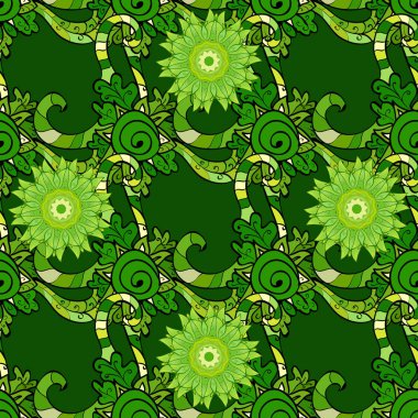 Yeşil, sarı ve siyah renkli çiçekler. Şirin çiçek elementleri. Kusursuz. Vektör illüstrasyonu.