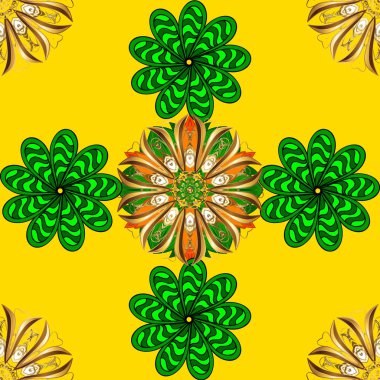 Yeşil ve sarı renkli buta süsleme ürünlerinin kusursuz desenli mehndi çiçekli danteli. Çiçekli vektör düğün dekoratif elementleri.