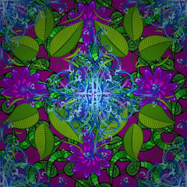 Sanatsal çizim. Tropikal yapraklar boyalı arka planda pürüzsüz izler bırakır. Vektör. Suluboya yeşil, mor, egzotik canavar bitkisinin ve palmiye ağacının mavi yaprakları. El boyası mayo deseni.