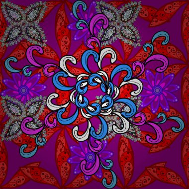 Kusursuz güzel kumaş deseni. Vektör. Renklere kırmızı, siyah ve mor renkler çizer.