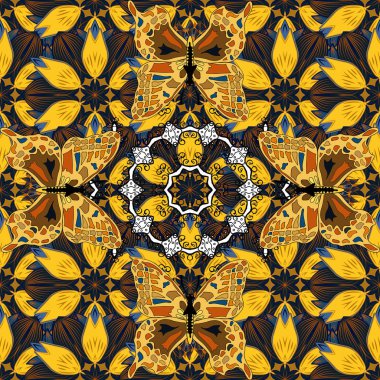 Kusursuz desen. Turuncu, sarı ve mavi renklerde. Renkli süs kenarı. Vektör çizimi. Hint süsü. Çiçek çizimi..