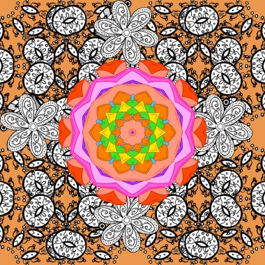 Elle çizilmiş çiçek deseni (fayans). Tekstil için dikişsiz suluboya desen. Sevimli çiçeklerle, desenli, beyaz, siyah ve turuncu renklerle renksiz desenler..