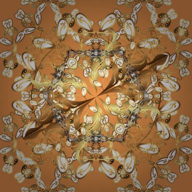 Kahverengi, beyaz ve turuncu renklerde altın desenli altın elementler. Süslü vektör dekorasyonu. Barok tarzında eskiz tasarımı için kusursuz damaske desen arkaplanı.