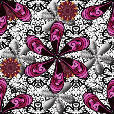 Siyah, gri ve beyaz renklerde etnik çiçeklerle kusursuz bir desen. Şirin tekstil içinde Vektör Çiçek İllüstrasyonu.