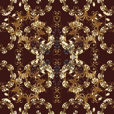 Sarı, bej ve kahverengi renklerde altın elementlerle kusursuz klasik desen. Sarı, bej, kahverengi ve altın elementli altın rengi kusursuz desen. Noel, kar tanesi, yeni yıl.