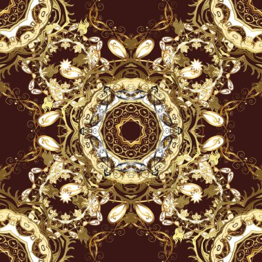 Paisley 'ler zarif çiçek desenli arka plan çizimi. Güzel, modaya uygun, modern, üç boyutlu sanat eseri, altın, bej, kahverengi ve sarı desenli çiçek yaprakları ve süslemeleri olan çizimler..