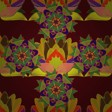 Vektör çizimi. Turuncu, yeşil ve kahverengi renklerdeki karalamalarla kusursuz çiçek deseni..