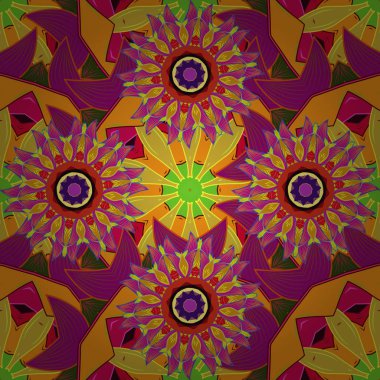 Düz Çiçek Elementleri Tasarımı. Turuncu, sarı ve mor renkli çiçekler. Şirin çiçek vektör deseni. Renkli Bahar Teması Kusursuz Arkaplan.