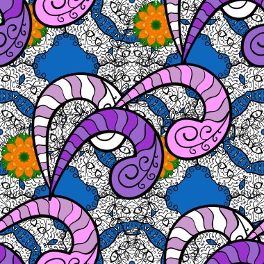 Şirin desenler çiziyor. Kusursuz güzel kumaş deseni. Vektör - stok. Güzel geçmiş. Mavi, siyah ve beyaz renkler.