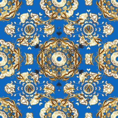 Vector vintage barok çiçeksiz altın desenli. Süslü dekorasyon. Altın desenli mavi, beyaz ve kahverengi renklerde altın elementler. Lüks, kraliyet ve Viktorya dönemi konsepti.