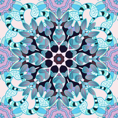 Mavi, gri ve nötr renkli mehndi mandala 'nın vektör çizimi. Geleneksel Hint tarzı, çıkartmalar için süslü çiçek unsurları, geçici dövmeler, mehndi ve yoga tasarımı, kartlar ve parmak izleri..