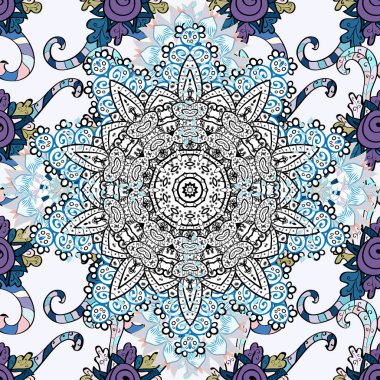 Eskiz, hediye kağıdı ve kumaş baskısı için karmaşık çiçek tasarımı öğesi. Vektör süsü. Siyah, nötr ve beyaz renklerde renkli fayans mandala. Boho soyut, kusursuz desen.