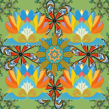 Çiçekli, pürüzsüz bir desen. Vektör çizimi. Turuncu, yeşil ve mavi renklerde bahar çiçekleri. Vintage tarzında vektör çiçek illüstrasyonu.