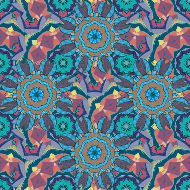 Vektör çizimi. Mavi, nötr ve pembe renkte çiçekler. Çiçek süsü ile kusursuz desen.