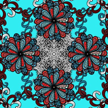 Moda baskıları için zarif bir şablon. Parlak renkli çiçekleri ve kırmızı, mavi ve siyah renkte yaprakları olan şaşırtıcı, pürüzsüz çiçek deseni. Modern çiçek arkaplanı. Halk stili.