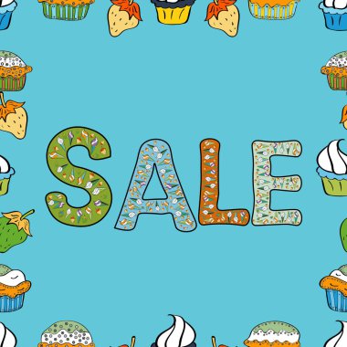 Satılık. Siyah, yeşil ve mavi renkli bir resim. Davetiye, tebrik kartı, tişört, baskılar, sosyal medya ve afişler için el yapımı vektör harfleri ve kaligrafi. Kusursuz desen.