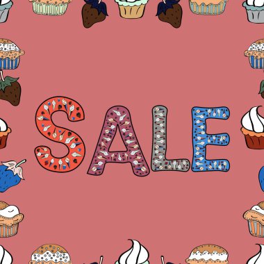 Vektör çizimi. Pembe, beyaz ve siyah renkli harflerle. Mektup. Satış afişi şablonu. Kusursuz desen. Resim işareti çizilmiş..