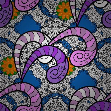 Siyah, beyaz ve mavi renkli Vektör çizimleri. Kusursuz desenli. Moda baskısı, hatıra defteri, ambalaj kağıdı, çizim için zarif dekoratif süs..