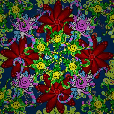 Küçük çiçekteki sevimli çiçek deseni. Varicologreen, mavi ve kırmızı vektör pürüzsüz çizim. Birçok yeşil, mavi ve kırmızı soyut çiçekli tropikal desensiz desen.