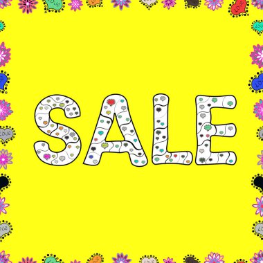 Kusursuz desen. Vektör çizimi. Beyaz, sarı ve siyah renkli resim. Özel indirimli bayrak ya da indirimli poster tasarımı. Harf.