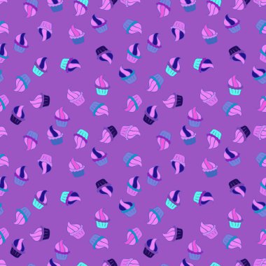 Pembe, mavi ve menekşe rengi güzel bir doğum günü deseni. Vektör. Yemek afişi tasarımı için. Kek tatlı, pürüzsüz desen..