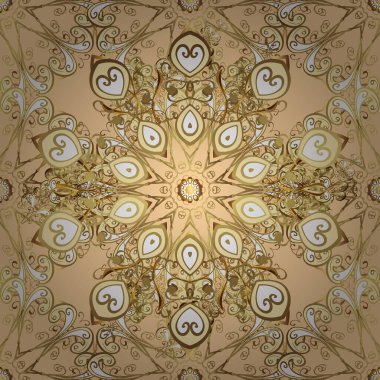 Altın elementlerle bej ve sarı renklerde klasik, pürüzsüz desen. Noel 2019, kar tanesi, yeni yıl.