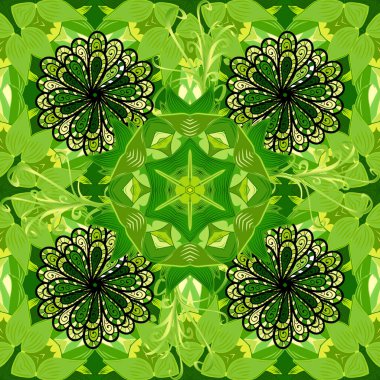 Hediye ambalaj kağıdı, tebrik kartları, posterler ve pankart tasarımı. Vektör düz çiçekler pürüzsüz desen. Sarı, yeşil ve siyah renkte çiçekler.