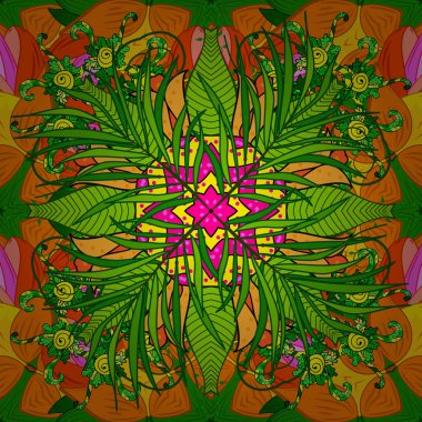 Kıyafet tasarımı için modaya uygun bir şablon. Vektör. Yapraklar turuncu, sarı ve yeşil renklerde. Nakış işlemeli, dikişsiz yaz şablonu. Klasik Eylül nakışı, sonbahar yaprakları, meşe palamudu, vahşi orman..