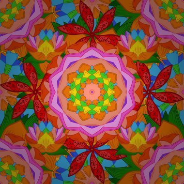 Kırmızı, pembe ve turuncu renklerde parlak çiçekli halı deseni.