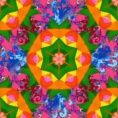 Düz Çiçek Elementleri Tasarım Vektörü illüstrasyonu. Çiçekli, suluboya desenli kusursuz çiçek deseni. Pembe, turuncu ve yeşil renkte çiçekler. Renkli Bahar Temalı, pürüzsüz arka plan.