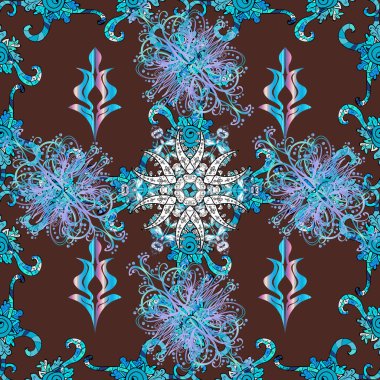 Renkli Bahar Temalı Kusursuz Arkaplan. Mavi, siyah ve kahverengi renkli şirin çiçek desenleri. Düz Çiçek Elementleri Tasarımı. Vektör Moda Modeli.