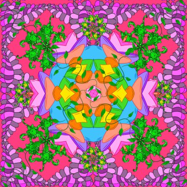 Vektör çizimi. Mor, yeşil ve pembe renkli Asya tekstili. Çiçeklerle suluboya desenleri.