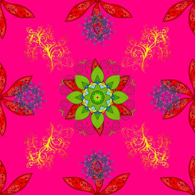 Vektör - stok. Kusursuz bir arka plan modeli. Yapraklı çiçekler ve kırmızı, morumsu ve yeşil renkli papatya çiçekleri..