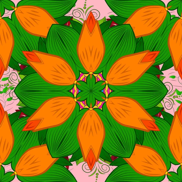 可愛いテキスタイルのベクトルフラワーイラスト ニュートラル オレンジと緑の色に民族の花とエレガンスシームレスパターン — ストックベクタ