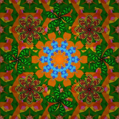 Kumaş, tekstil ve çizim için. Vektör tasarımı. Renkli desenli, sarı, turuncu ve yeşil çiçekli ve dekoratif elementli kusursuz desen. Eski usul. Kusursuz arkaplan.