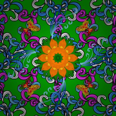 Tişört baskısı için çiçek boyası vektörü. Çiçeksiz desenli arka plan. Mavi, yeşil ve siyah renkte çiçekler.