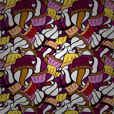 Vektör çizimi. Beyaz, mor ve siyah renkli yemek posterleri için. Paket kağıdı. Keklerle kusursuz..