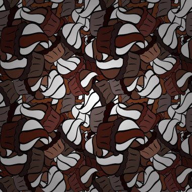 Kek, şapka, koni. Vektör çizimi. Siyah, beyaz ve kahverengi üzerinde kusursuz bir doğum günü şablonu. Paket kağıdı.