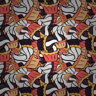 Pembe, siyah beyaz desen. Eksiksiz Varyete Kekleri, Haşhaş tohumu, Çikolata Cipsi, Kabak Kreması, Çikolata ve Lezzetli Kahvaltı veya Tatlı Çörekler. Vektör illüstrasyonu.