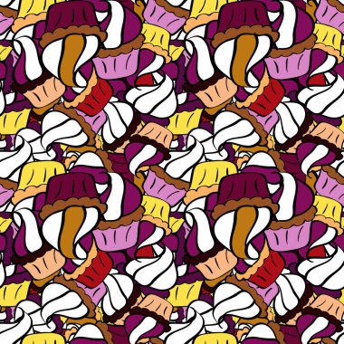 Vektör tasarımı. Doğum günü kartı, çocuk menüsü, ambalaj, tekstil, kumaş, eskiz için kullanılabilir. Siyah, beyaz ve mor renklerde izole edilmiş. Şekerli kusursuz desen - dondurma, kekler.