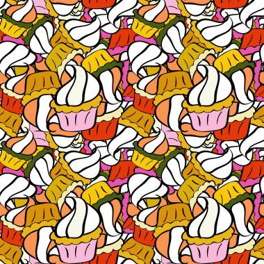 Eksiksiz Varyete Kekleri, Haşhaş tohumu, Çikolata Cipsi, Kabak Kreması, Çikolata ve Lezzetli Kahvaltı veya Tatlı Çörekler. Siyah, beyaz ve sarı desenli. Vektör illüstrasyonu.