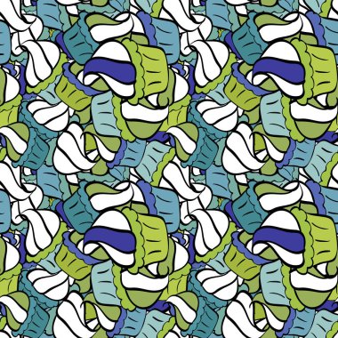 Paket kağıdı. Mavi, yeşil ve beyaz afiş tasarımı için. Keklerle kusursuz. Vektör illüstrasyonu.