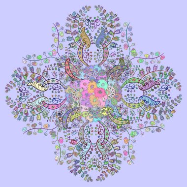 Stres önleyici terapi kalıbı. Yeşil, mavi renkler üzerine vektör çizgisi Mandala. Dekoratif süs. Yoga logosu, meditasyon posterinin arka planı. Sıra dışı çiçek şekilli oryantal hat. Dokuma tasarımı ögesi.