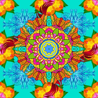 Turuncu, sarı ve mavi renklerde. Çiçek. Kusursuz dekoratif arka plan, çiçek mandala. Vektör illüstrasyonu.