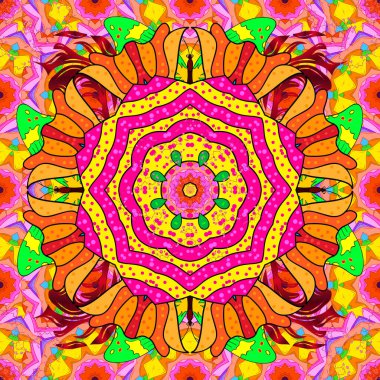 Vector East, Islam, Indian, motif, canlanma girdabı. Renkli mandala deseni, Arapça arka plan. Orient, simetri danteli, kumaş, skeç. Eflatun, turuncu ve sarı renklerde klasik dekoratif süsler..