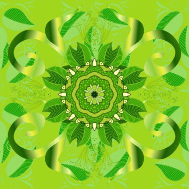 Siyah, sarı ve yeşil renkli çiçekler. Renkli Bahar Temalı Kusursuz Arkaplan. Düz Çiçek Elementleri Tasarımı. Çiçekle kusursuz desen.