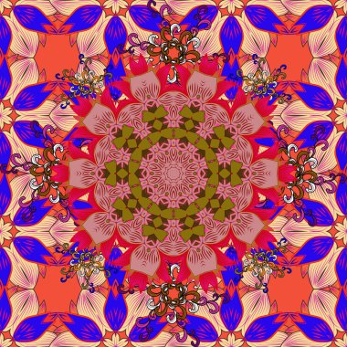 Mavi, turuncu ve kırmızı çiçekli bahar çiçekleri. Motley illüstrasyonu. Küçük çiçekte sevimli bir şekil. Küçük renkli çiçekler. Moda baskıları için zarif bir şablon.