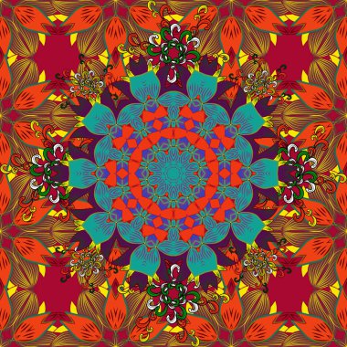 Kırmızı, kahverengi ve turuncu renklerde renkli, yuvarlak bir mandala. Tekstil, davetiyeler, afişler ve diğerleri için. Vektör illüstrasyonu.